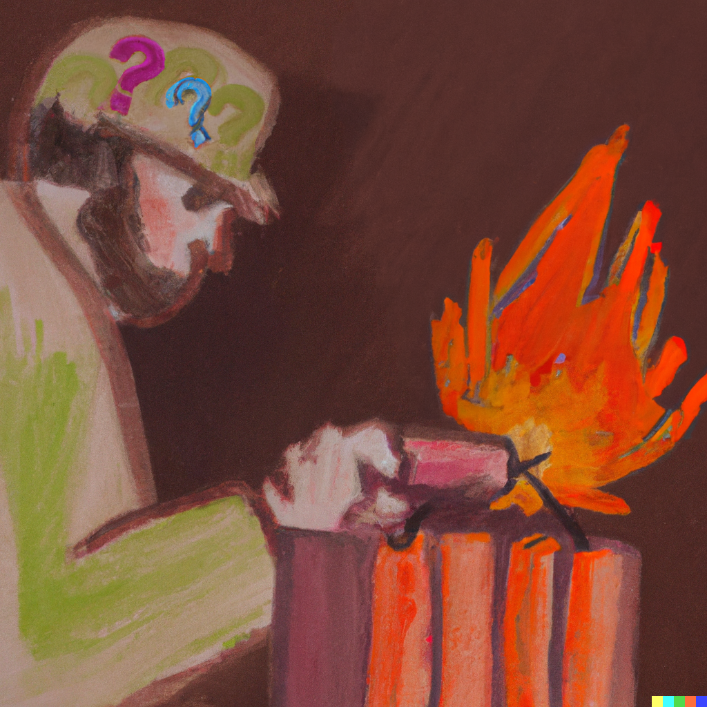 A hooded programmer diffusing a stick of red dynamite by pinching the flame on the fuse; oil pastel drawing