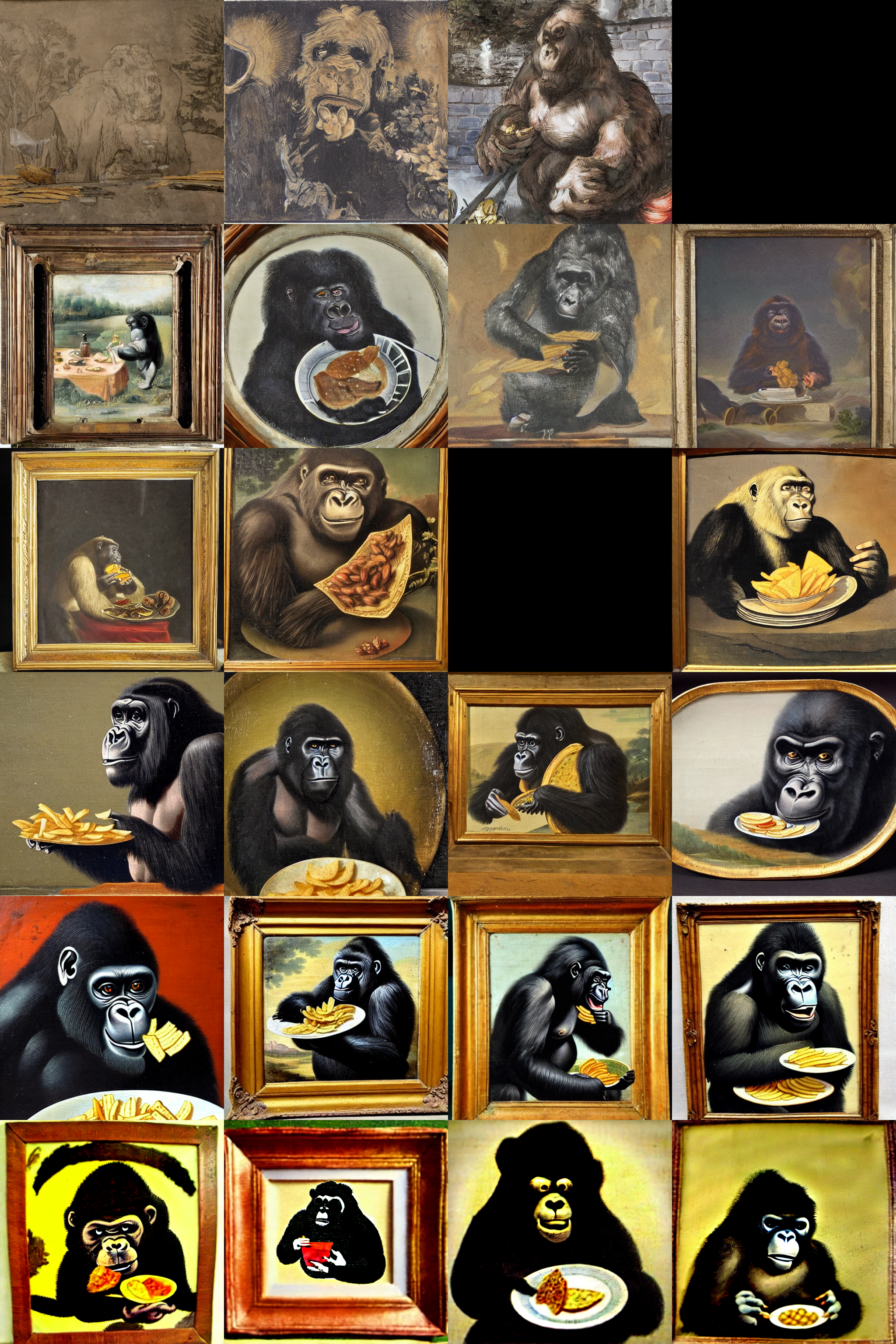 A grid of images generated from the prompt, 'An antique 18th century painting of a gorilla eating a plate of chips.' Each rows shows images generated with increased guidance.