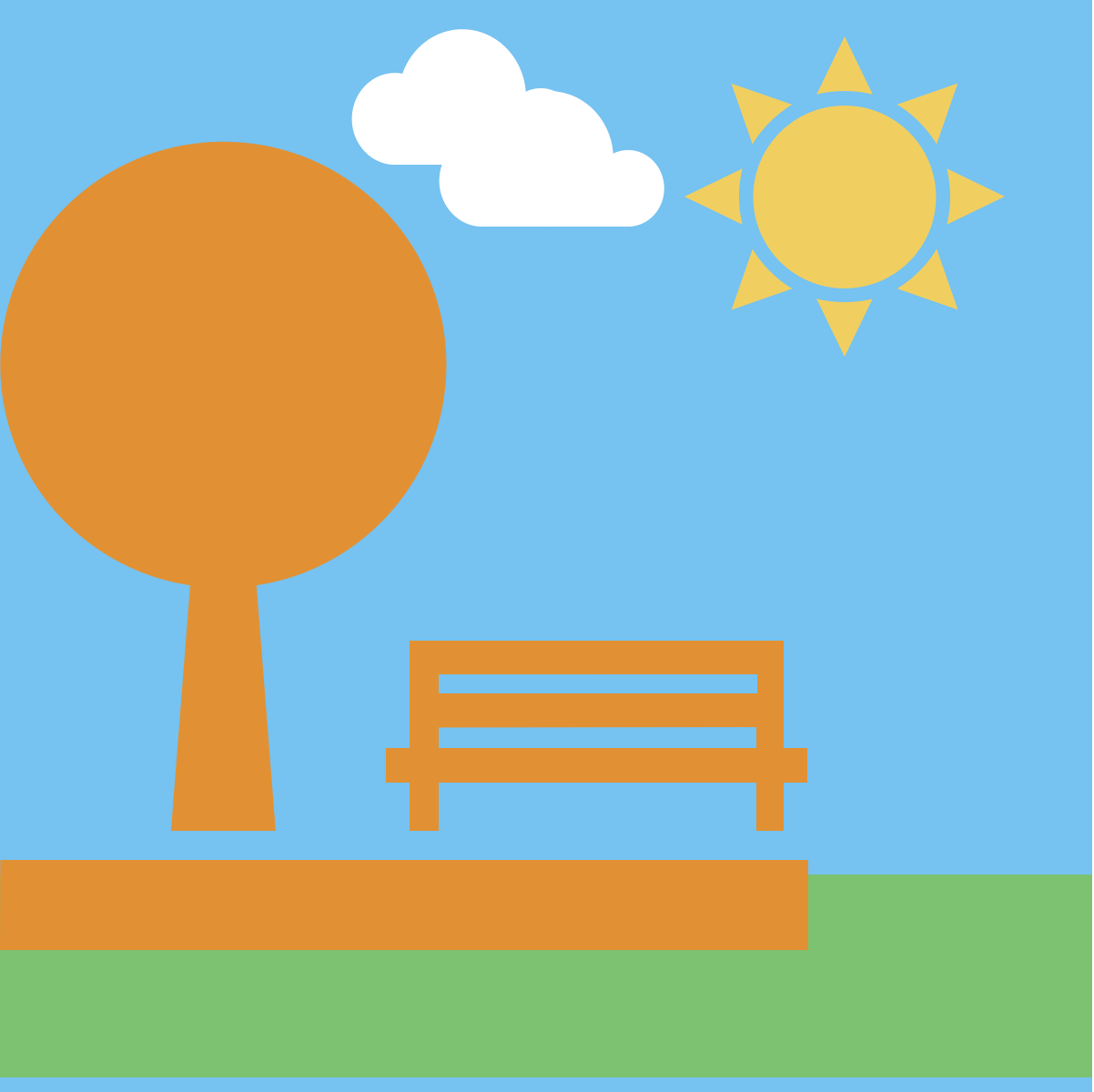Clip art of a bench and a tree behind a sky and on top of grass. There is the sun and a couple of clouds in the sky.