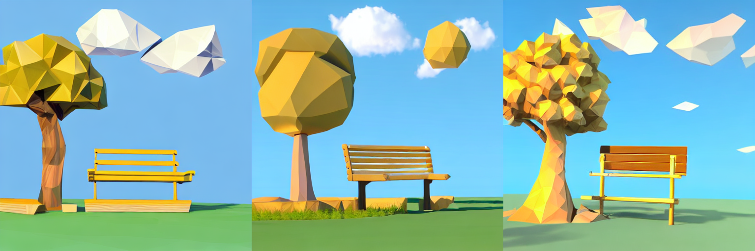 A low poly 3D render of a bench under a tree in a park