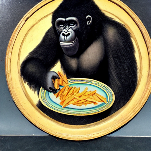 Another variation generated from the prompt, 'An antique 18th century painting of a gorilla eating a plate of chips.' There is a yellow circle around the gorilla.