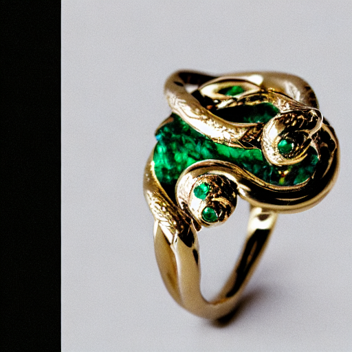 A depiction of a ring comprised of interwined serpents, topped with a single jewel of emerald.