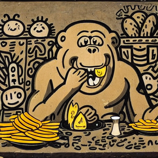 An antique 18th century painting of a gorilla eating a plate of chips in the style of Mr Doodle