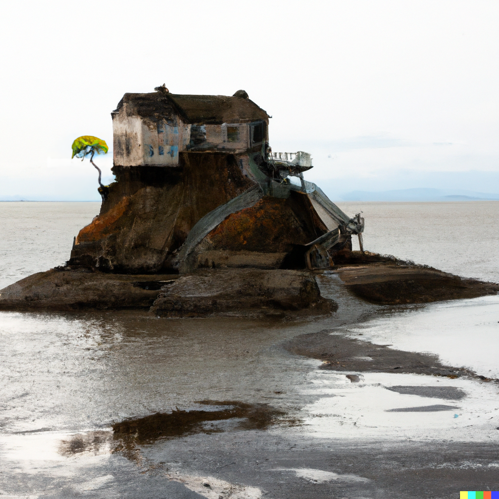 An image of a house on top of a pinnacle of rock surrounded by water.
