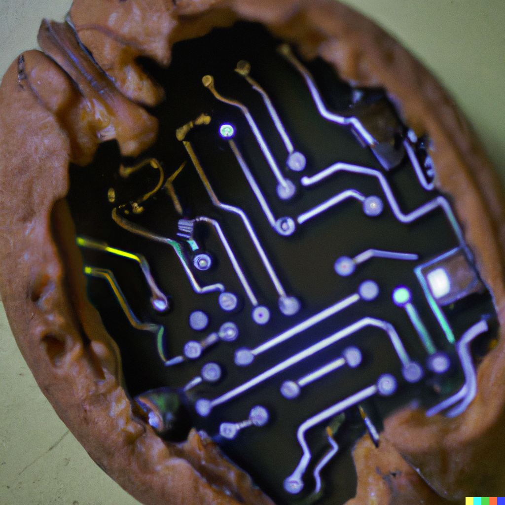 A circuit board inside a walnut.