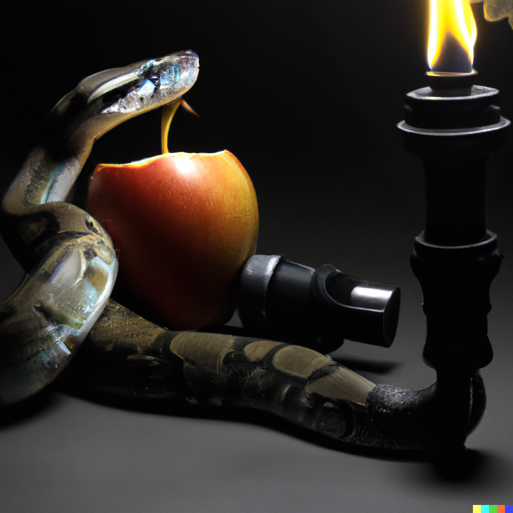 A picture of a snake that has taken a bite out of an apple, and whose tail is a burning torch.